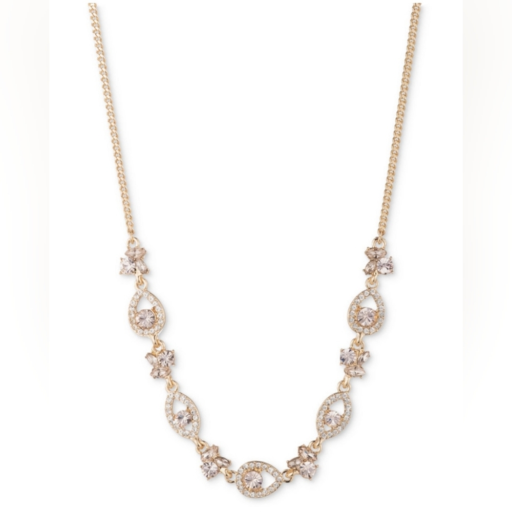 Givenchy Gold-Tone Champagne Pink Crystal Accent Necklace, NWT In Gift Box